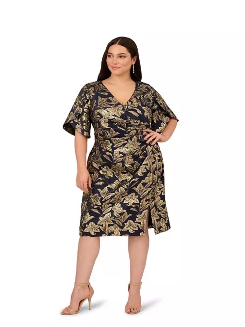 Adrianna Papell Navy and Gold Floral Wrap Midi Dress